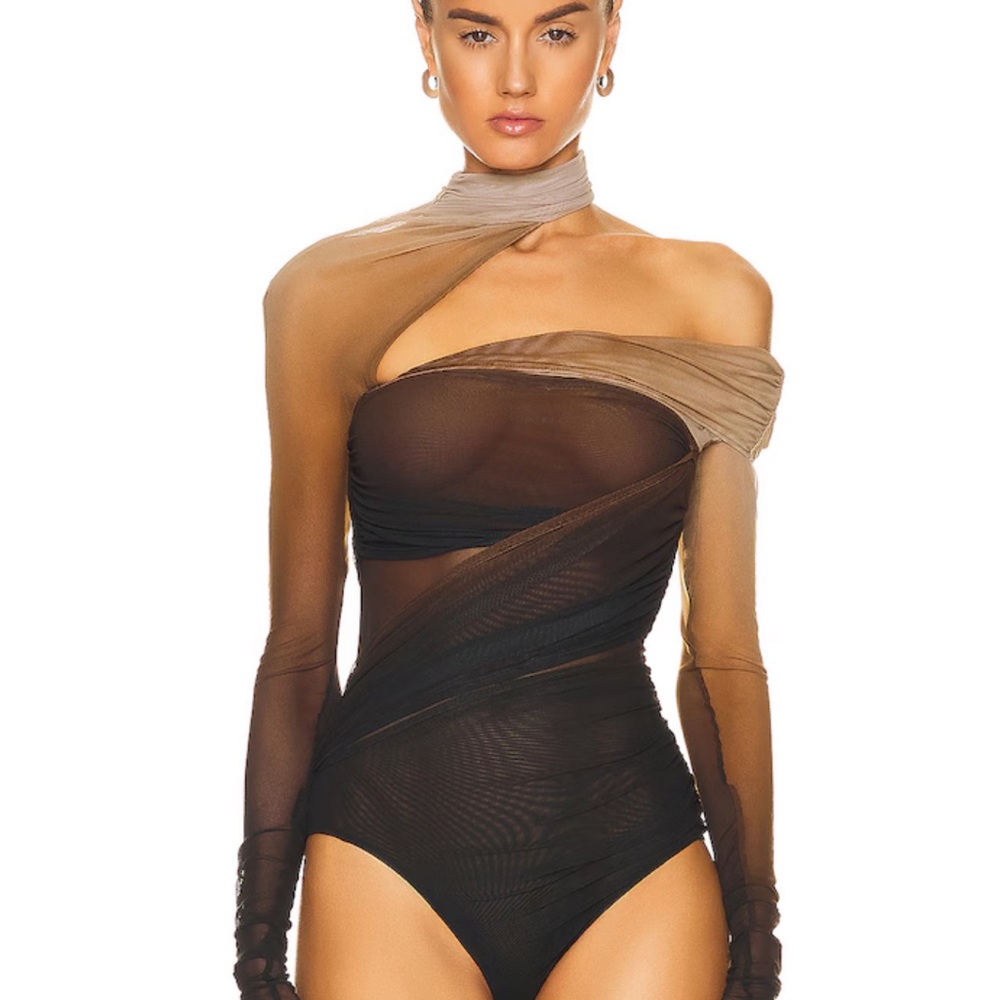 Mugler Sheer One-Shoulder Ombre Mesh Bodysuit in Black and Brown